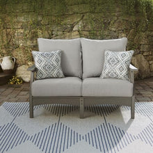 Signature Design by Ashley Visola Outdoor Loveseat With All-Weather HDPE Frame, Nuvella Cushions, Textured Wood Look for Patio and Deck Seating, Gray, 54" W