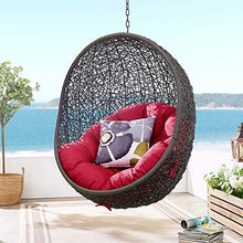 Modway Hide Wicker Rattan Outdoor Patio Porch Lounge Egg Swing Chair Set with Stand in Gray Red