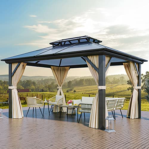 YITAHOME 10x12FT Hard-Top Double Roof Gazebo Canopy with Netting and Curtains Brown