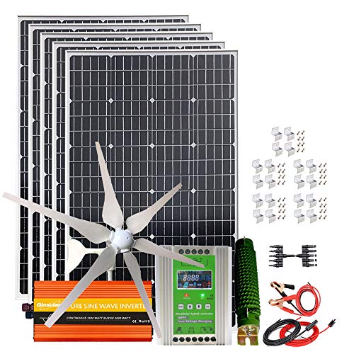 1000W Solar Wind Hybrid Kit 12V Battery Charger: 5pcs 120W Monocrystalline Solar Panel,400W Wind Turbine Generator,Hybrid MPPT Charge Controller & 1000W Inverter & Brackets