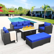 HTERWQEA 6 Piece Patio Furniture Set Outdoor with Gas Fire Pit Table, Wicker Sectional Sofa Conversation Couch with Ottomans and Side Royal Blue