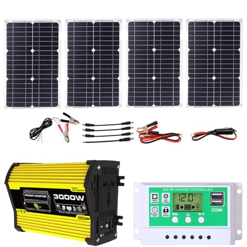 OLONETO 3000W DC 12V to 220V/110V AC Inverter＋100W18V Folding Solar Panel＋50A Solar Charge Controller Suitable for RV Home Off-Grid System Solar Power Bank Off-Grid Solar Kit(Yellow,12V-110V)
