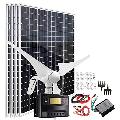 JIQHOHX Solar Panel Kit,800 Watts Solar Wind System for Roof :4X 100W Solar Panel + 400W Wind Turbine Generator + Charge Controller + Brackets