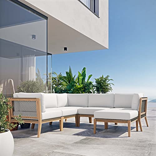 Modway Clearwater Outdoor Patio Teak Wood 6-Piece Sectional Sofa in Gray White