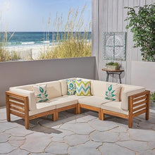 Christopher Knight Home Oana Outdoor V-Shaped Sectional Sofa Set - 5-Seater - Acacia Wood - Outdoor Cushions - Teak and Beige