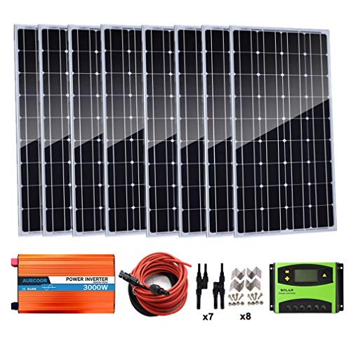 AUECOOR 800 Watt (8 x 100 Watt) Monocrystalline Solar Panel Kit with 3000W Power Inverter (Peak 6000W) for RV, Boat, Off-Grid 12/24 Volt Battery Systems