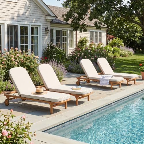 Christopher Knight Home Yeon Set of 4 Acacia Wood Chaise Lounge Chair Outdoor with Wooden Wheels, Adjustable Backrest Sun Lounger Recliner, Patio Outdoor Chaise Lounge with Cushion, Teak + Beige