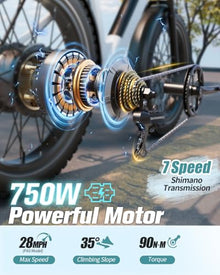 PUCKIPUPPY Electric Bike 960W 48V 15AH 28MPH 7-Speed 26" Fat Tire White
