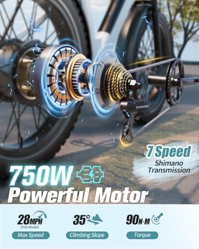 PUCKIPUPPY Electric Bike 960W 48V 15AH 28MPH 7-Speed 26" Fat Tire White