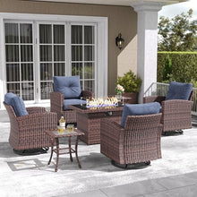LayinSun 7-Piece Patio Furniture Set with Swivel Chairs and Fire Pit Table Brown/Navy Blue