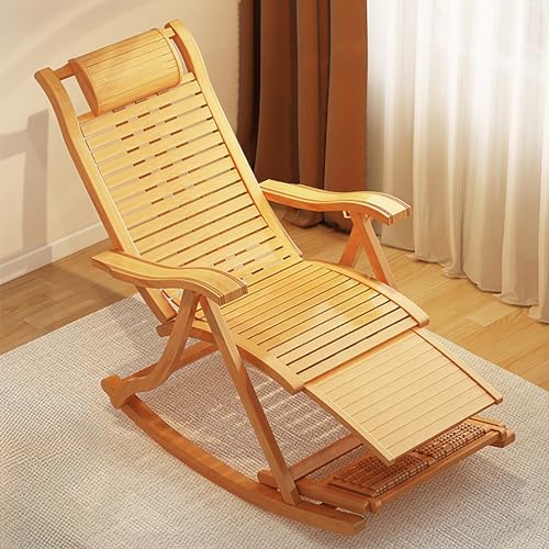 MHJKHG Foldable Recliner, Rocking Chair with Massage Footrest, Elderly Adult Lounge Chair, Adjustable Backrest, Outdoor Rocker Armchair, Bamboo Leisure Chair, Bearing Capacity 3，Natural One Size