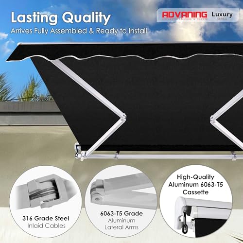 ADVANING 14'x10' MOTORIZED Patio Retractable Awning | LUXURY Series | PREMIUM Quality, 100% Solution-Dyed European Acrylic UV Sun Shade, Color: Black, EA1410-A103H2