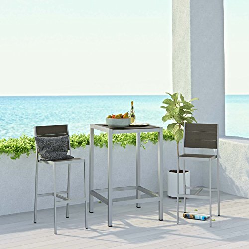 Modway Shore Aluminum 3-Piece Outdoor Patio Pub Bistro Set with 28" Bar Table and Two Bar Stools Silver Gray