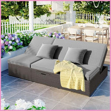2 Person Reclining Chair Set with Cup Holders Outdoor Wicker Rattan Double Sunbed with 5 Position Adjustable Backrest and Seat Conversational Set for Patio Poolside, Gray