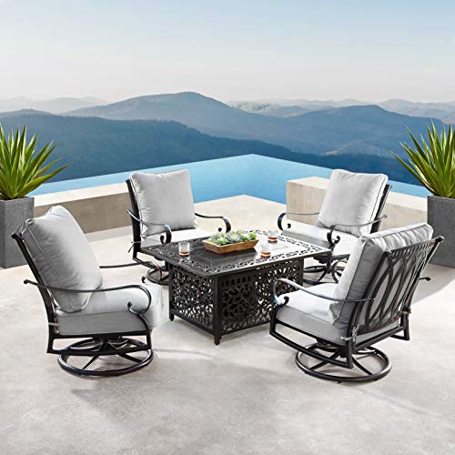 Oakland Living Aluminum 48 in. Rectangular Fire Table Set Four Deep Swivel Rockers, Fire Beads, Lid and Fabric Covers