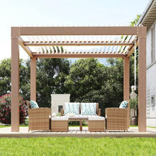 Louvered Pergola 10 ft x 10 ft, Outdoor Metal Pergola with Adjustable Roof Top, Reinforced Aluminum Frame, Integrated Drainage System, Hardtop Gazebo Shade for Backyard Patio Deck Garden, Wood Grain