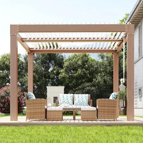 Louvered Pergola 10 ft x 10 ft, Outdoor Metal Pergola with Adjustable Roof Top, Reinforced Aluminum Frame, Integrated Drainage System, Hardtop Gazebo Shade for Backyard Patio Deck Garden, Wood Grain