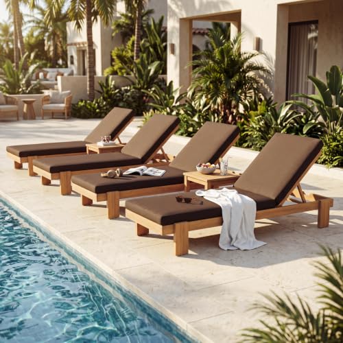 Merax 4-Piece Outdoor Acacia Wood Chaise Lounge, Teak Frame&Coffee Cushion
