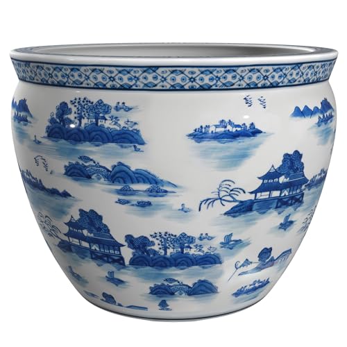Red Lantern 20" Porcelain Fishbowl Blue & White Landscape Planter