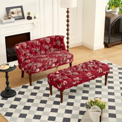 KEIKI 2-Piece Floral Loveseat & Ottoman Bench Set, Tufted, Red