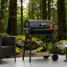 Charcoal Barrel Grill with Wheels, 30 Inch Outdoor BBQ Smoker with Adjustable Air Vents, Side Shelf, and Storage Rack