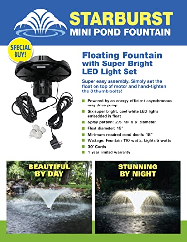 EasyPro Pond Products Starburst Mini Floating Fountain with LED Light Set Crystal
