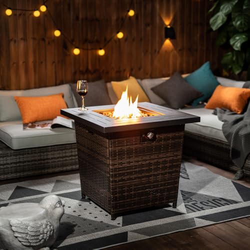 28 Inch Square Propane Fire Pit Table with PE Wicker Base, 50,000 BTU Outdoor Heater for Patio Garden Backyard Decor