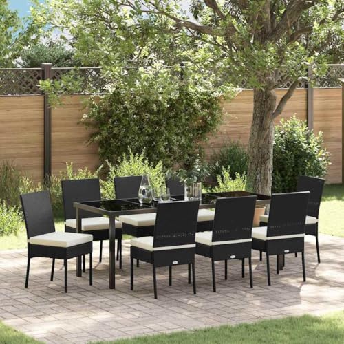 LKJephalotrope 9-Piece Patio Dining Set, Black Rattan Outdoor Table and 8 Chairs, Powder-Coated Steel Frame Garden Furniture Set for Backyard and Deck, 8-Person Capacity