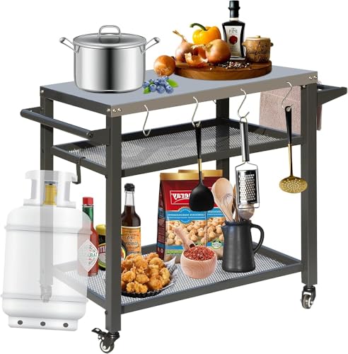 RCJCQSR 3-Shelf Outdoor Grill Table, Movable Stainless Steel Flattop Grill Cart, Multifunctional Metal Work Table Dining Cart Table with Double-Shelf for Indoor & Outdoor Cooking