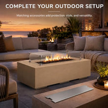 Golden Flame 55" Rectangle Beton Concrete GFRC Gas Fire Pit Bundle with Stainless Steel Burner Cover & Glass Wind Guard, 65,000 BTU Outdoor Fire Table, Push Button Ignition, Lava Rock Included - Sand