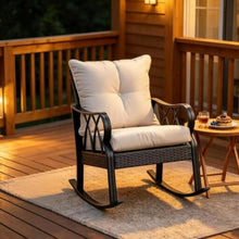 Hassyee Stylish Patio Rocking Chair w/Back & Seat Cushions for Garden, Modern Porch Rocker w/Black Aluminum Frame & PE Rattan Accents for Backyard, Outdoor Rocking Armchair w/High Back for Deck