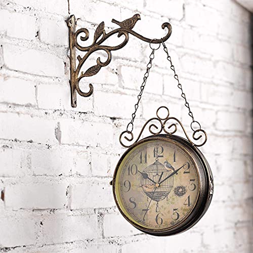 YHdtUO Waterproof Outdoor Garden Clocks, 12 Inch Retro Antique Wrought Iron Decorative Double Sided Metal Clocks Quiet Quartz Wall Clock Indoor,