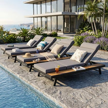 Merax 4 piece Black Iron Teak Finish Chaise Lounge Set with 4" Thick 4-Fold Cushion with Headrest, 400 lbs Capacity, Adjustable Backrest with Flat Storage Surface for Patio, Poolside, Dark Gray