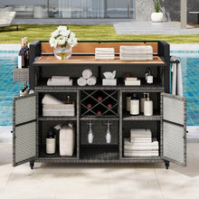 Doredo Wicker Outdoor Grill Cart with Extended Wood-Plastic Table Top, Outdoor Grill Table for Food Prep, Kitchen Island on Wheels with Storage Cabinet for Patio Backyard Garden Poolside, Gray