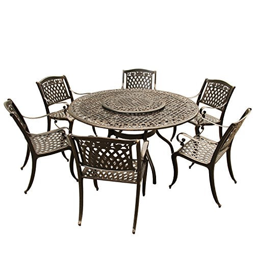 Rose Ornate Traditional Outdoor Mesh Lattice Aluminum 59 inch Bronze Round Dining Set with Lazy Susan and Six Chairs