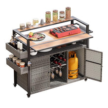 Outdoor Grill Cart Rolling Kitchen Island with Foldable Drop Leaf, Lockable Wheels,Wine Rack,Poly Wood Tabletop,Towel Bar, Spice Racks, Wine Glass Holder, Steel Frame for Patio or Backyard (Grey)