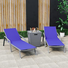 LeisureMod Marlin Grey Aluminum Outdoor Chaise Lounge Set with Fire Pit Table Navy Blue