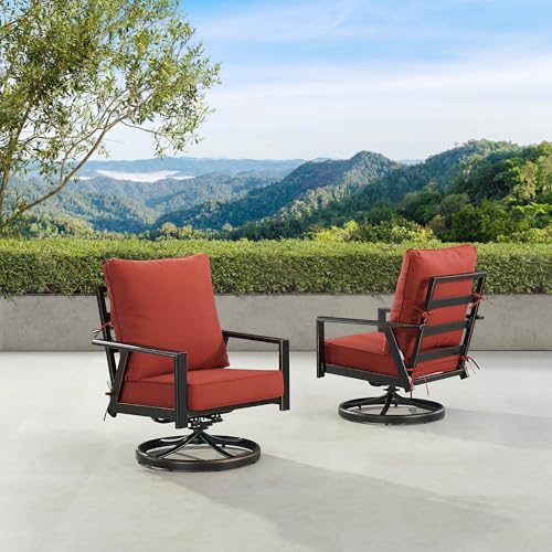 Oakland Living Pair of Black Aluminum Patio Deep Seating Swivel Rocker Club Chairs with Red Cushions
