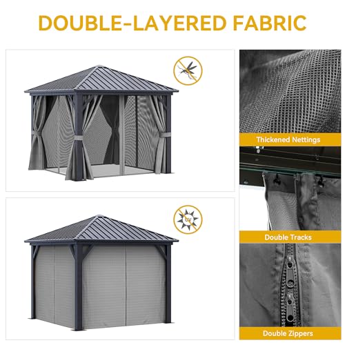 DWVO 10x10ft Hardtop Gazebo with Nettings and Curtains, Heavy Duty Galvanized Steel, Gray
