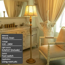 MECOLA French Retro Standing Light Handmade Linen Shade Living Room Wooden Floor Lamp with Foot Switch Farmhouse Floor Lamps E27 Bedside Reading Light