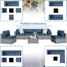 7 Piece Outdoor Patio Furniture Set with Silver PE Rattan, Navy Blue