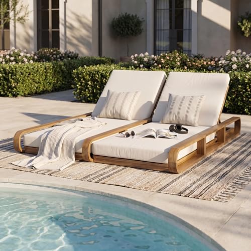Merax Double Chaise Lounge Chair Outdoor with 4-Position Adjustable Backrest for Each Seat & 2-Fold Cushions, Acacia Wood Pool Sun Lounger for Patio Garden Beach, All-Weather, Cream+Teak