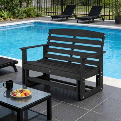 Spacious HDPE 2 Seater Patio Glider Bench w/Ergonomic Sloping Backrest & Slatted Seat for Garden, All Weather Outdoor Gliding Rocking Bench w/Durable HDPE Construction for Porch, Deck (Black)