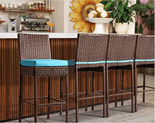 Outdoor Bar Stools Set of 4 with Backs Wicker Counter Height Bar Stools for Patio Armless Tall High Top Chairs for Outside with Footrest Cushion Blue All Weather Brown Rattan