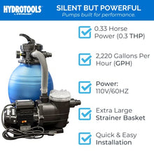 HYDROTOOLS by SWIMLINE 71233HCK 12 Inch Sand Filter Combo with Connection Kit for Soft Sided Pools | Compatible with Intex Bestway Polygroup | 0.33 HP (0.3 THP) Pump 1980 GPH | 42 Pound Sand Capacity