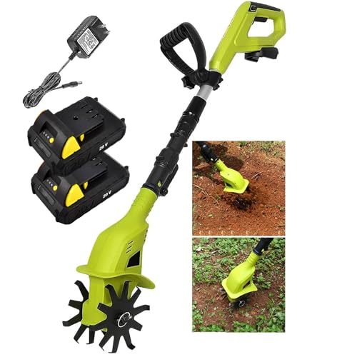 Electric Garden Rotavator, Cordless Tiller Cultivator with 2 X 2000mah Battery, 10cm Tilling Width, 25cm Working Depth, Electric Rototiller Tiller for Soil Cultivation