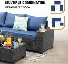 HTERWQEA 7-Piece Wicker Patio Furniture Set, Outdoor Sectional with 2 Sofas, Loveseat & Glass Coffee Table, Navy Blue Cushioned Conversation Set for Garden or Porch