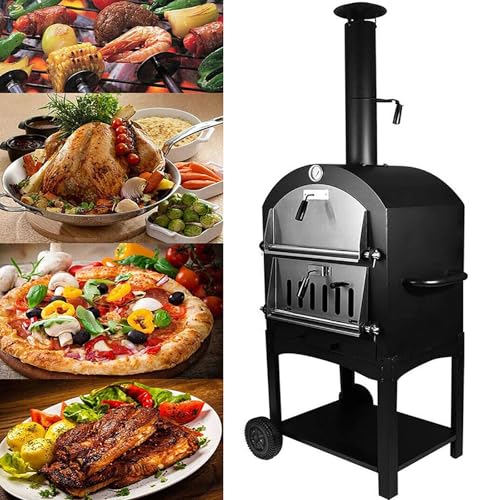 DKPLOE Pizza Oven Outdoor Pizza Maker Easy to Move with Two Wheels Pizza Ovens Built-in Thermometer Suitable for Outdoor Baking in Backyards Campgrounds Parks