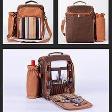 Picnic Bag Kit- Camping Shoulder Bag Set for 2 People with Cooler Compartment Detachable Bottle Holder Plates and Flatware Cutlery for Family Brown