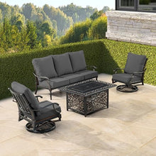 Oakland Living Black Aluminum Patio Fire Table Set with Deep Seating Sofa with Cushion and Two Club Chairs with Black Cushions